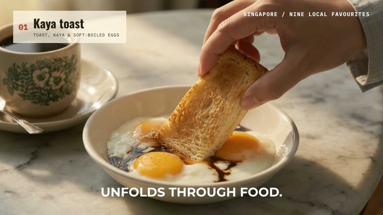 Kaya toast dipped in soft-boiled eggs, the first of the nine Singapore favourites in the video