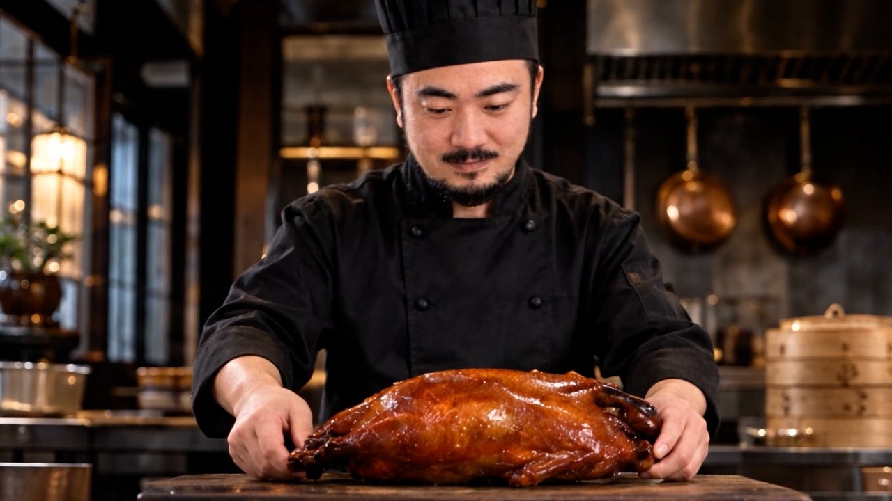 A chef presents a roast Peking duck, the opening frame of the video