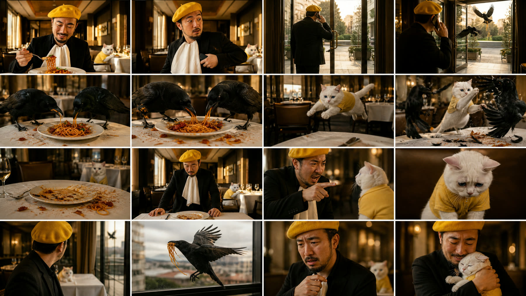 A 4x4 storyboard: a man eats spaghetti, steps out for a call, crows raid his plate, the cat fights them off, he scolds the cat, then realizes and hugs it.