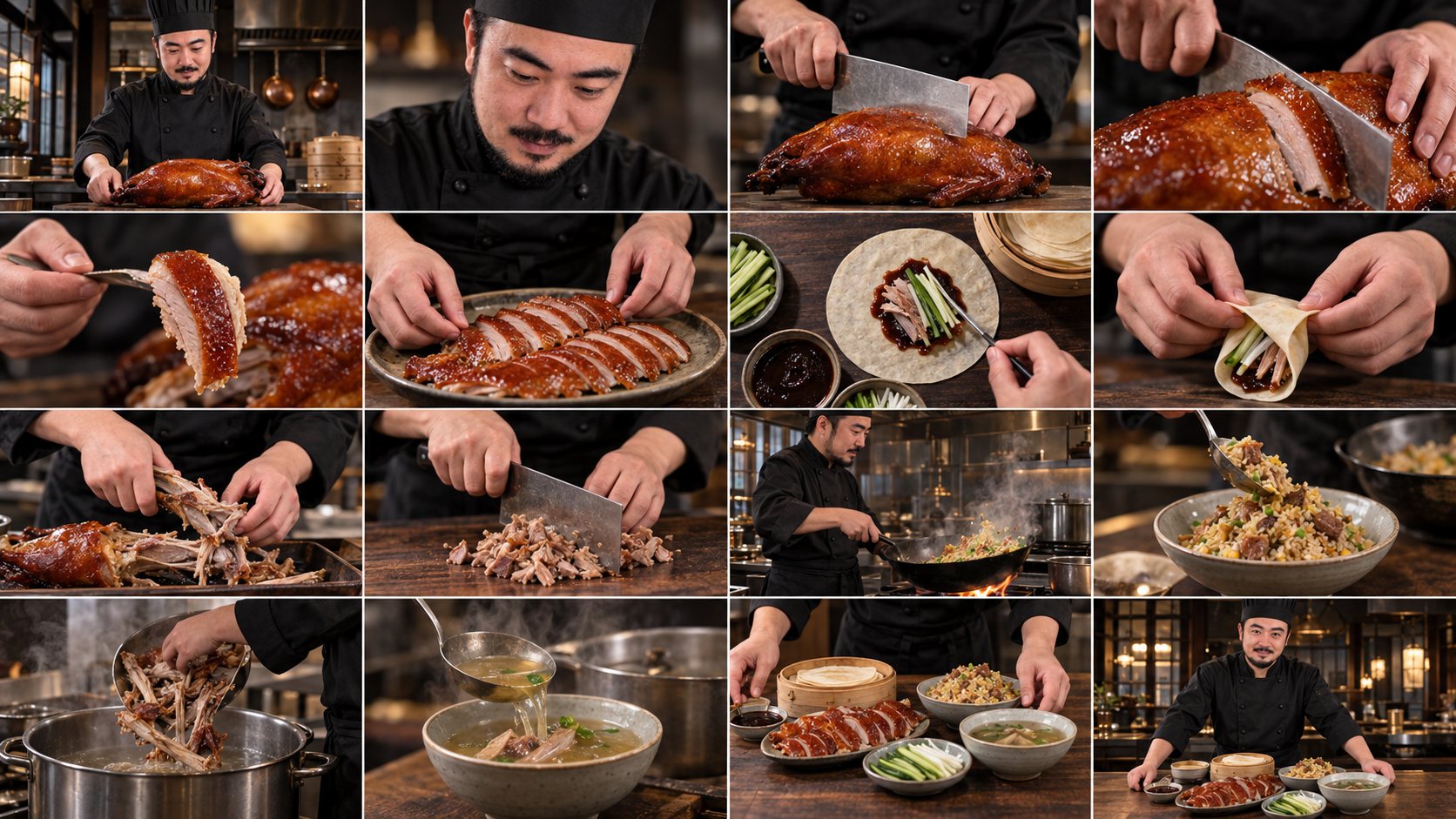 A 4x4 storyboard in one image: a chef carves a roast Peking duck, wraps the slices in pancakes, turns the rest into fried rice and a bone broth, and presents the full spread.