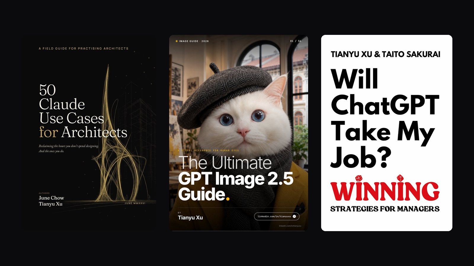 Covers of 50 Claude Use Cases for Architects, The Ultimate GPT Image 2.5 Guide and Will ChatGPT Take My Job?