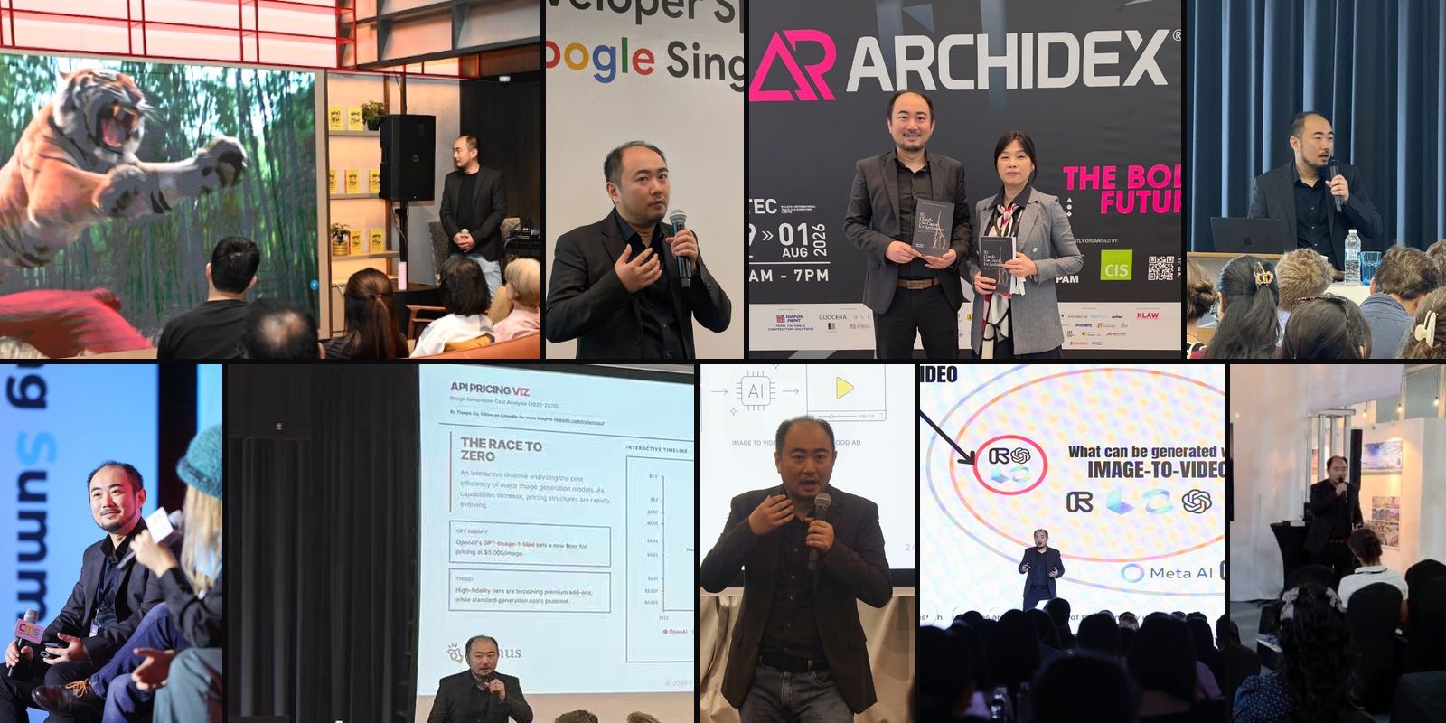A collage of Tianyu Xu speaking to audiences: a book launch talk beside his AI tiger video on a big screen, Google Developer Space Singapore, ARCHIDEX Kuala Lumpur with co-author June Chow and their book 50 Claude Use Cases for Architects, a Content Marketing Summit Seoul panel, a lecture hall and large conference stages